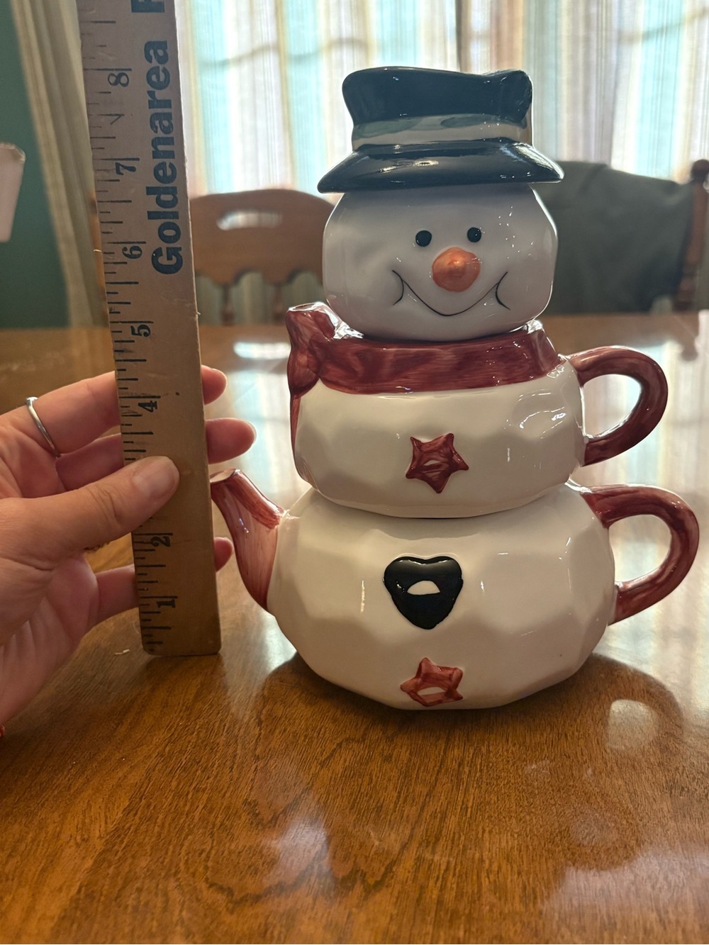 Ceramic Snowman Teapot Stack - White with Red Accents